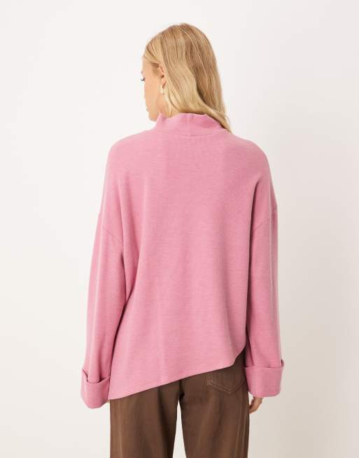 ASOS DESIGN Supersoft asymmetric sweater with turn back cuff in pink, 3 of 4