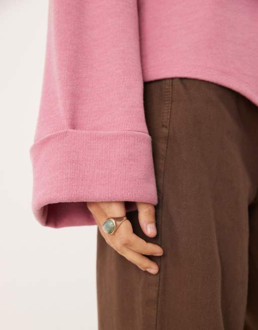 ASOS DESIGN Supersoft asymmetric sweater with turn back cuff in pink, 4 of 4