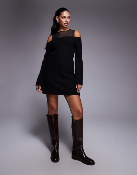 ASOS DESIGN supersoft bardot double layer mesh mini dress in black