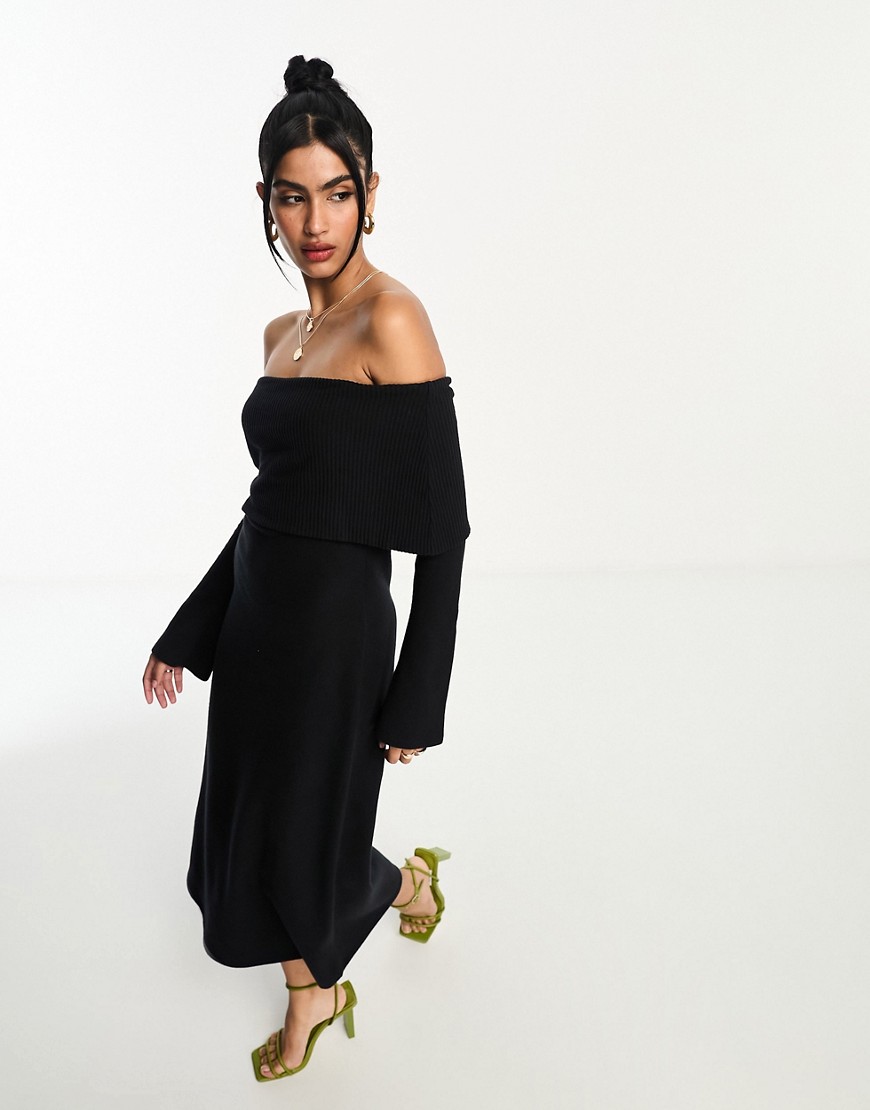 ASOS DESIGN supersoft bardot midi dress with flare sleeve in black