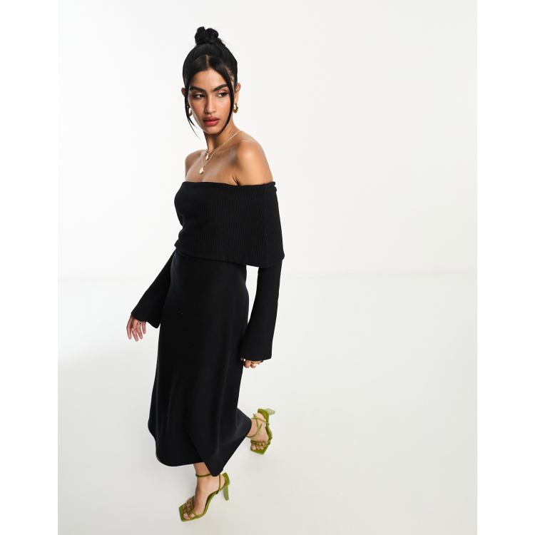 ASOS DESIGN supersoft bardot midi dress with flare sleeve in black