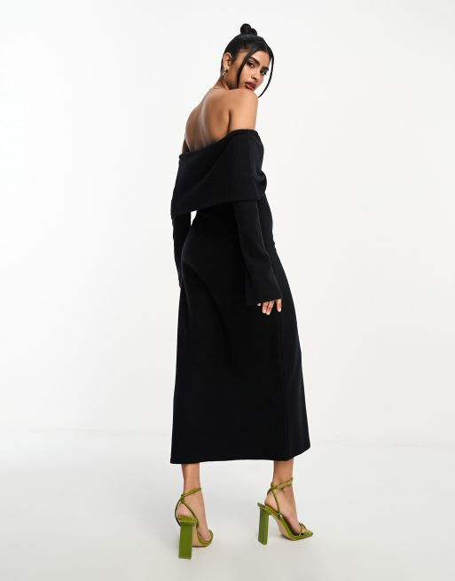 ASOS DESIGN supersoft bardot midi dress with flare sleeve in black