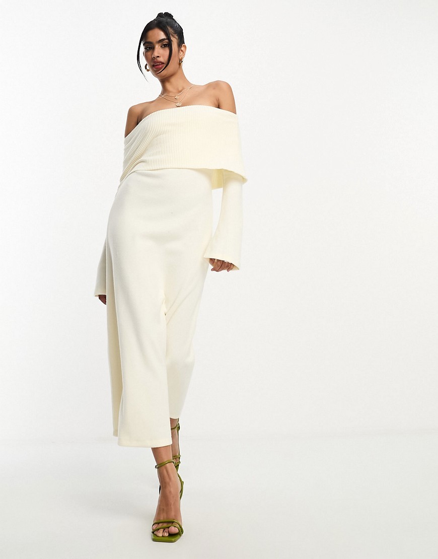 ASOS DESIGN supersoft bardot midi dress with flare sleeve in winter white
