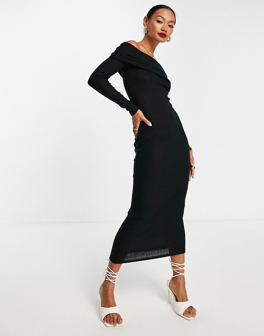 ASOS DESIGN Supersoft bardot midi jumper dress in black