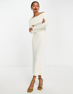 ASOS DESIGN Supersoft bardot midi jumper dress in winter white | ASOS
