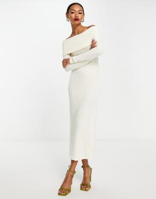 ASOS DESIGN Supersoft bardot midi jumper dress in winter white | ASOS