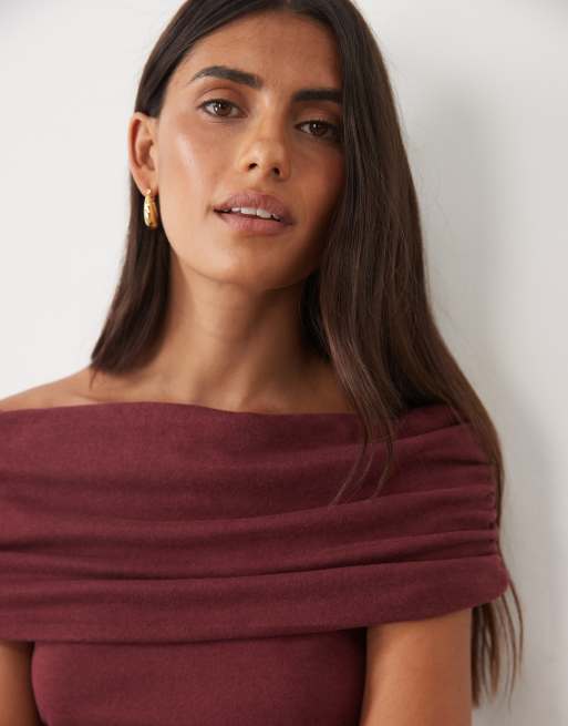ASOS DESIGN supersoft bardot top in burgundy, 3 of 4