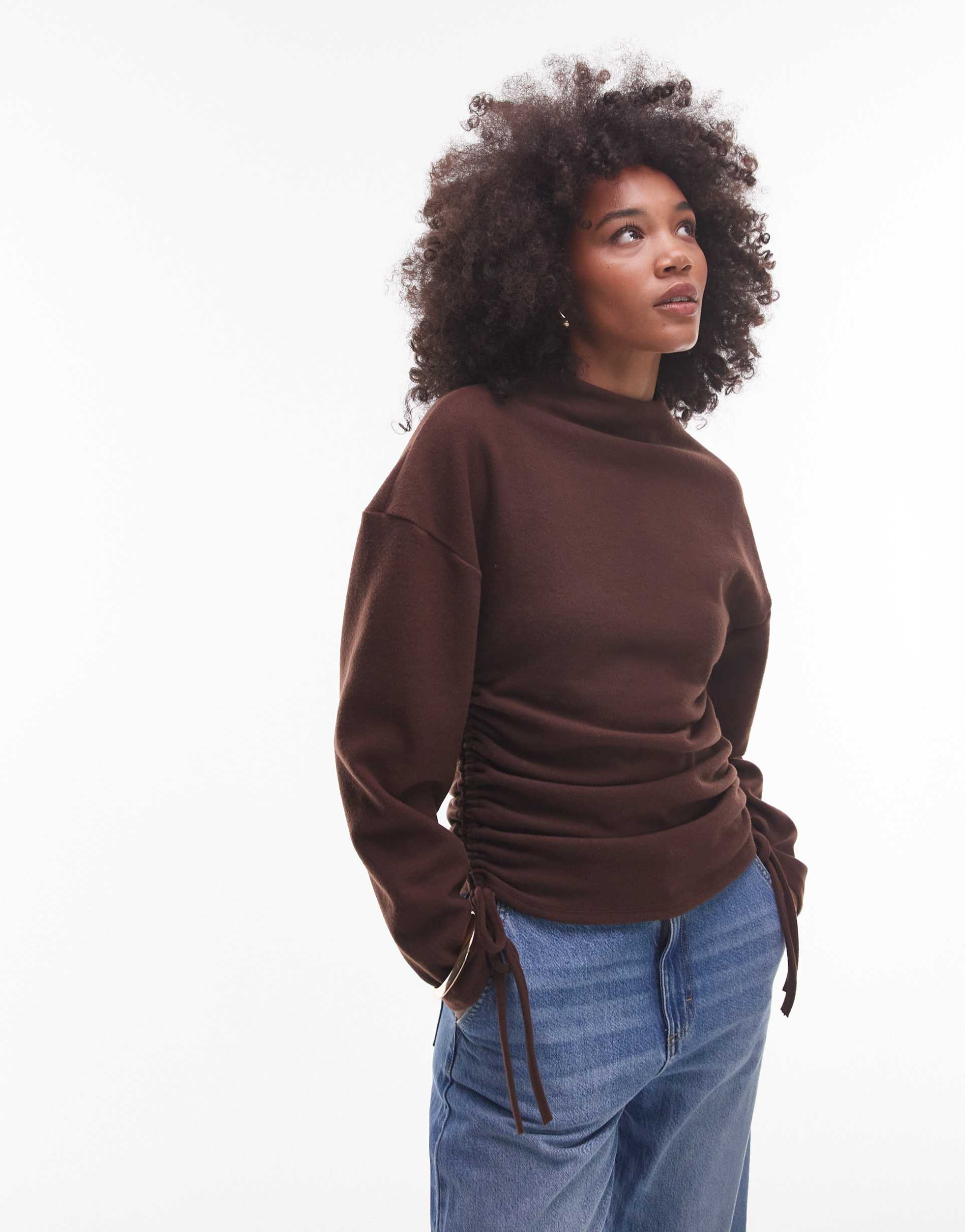 asos design supersoft batwing sleeve top with grown on neck in dark chocolate