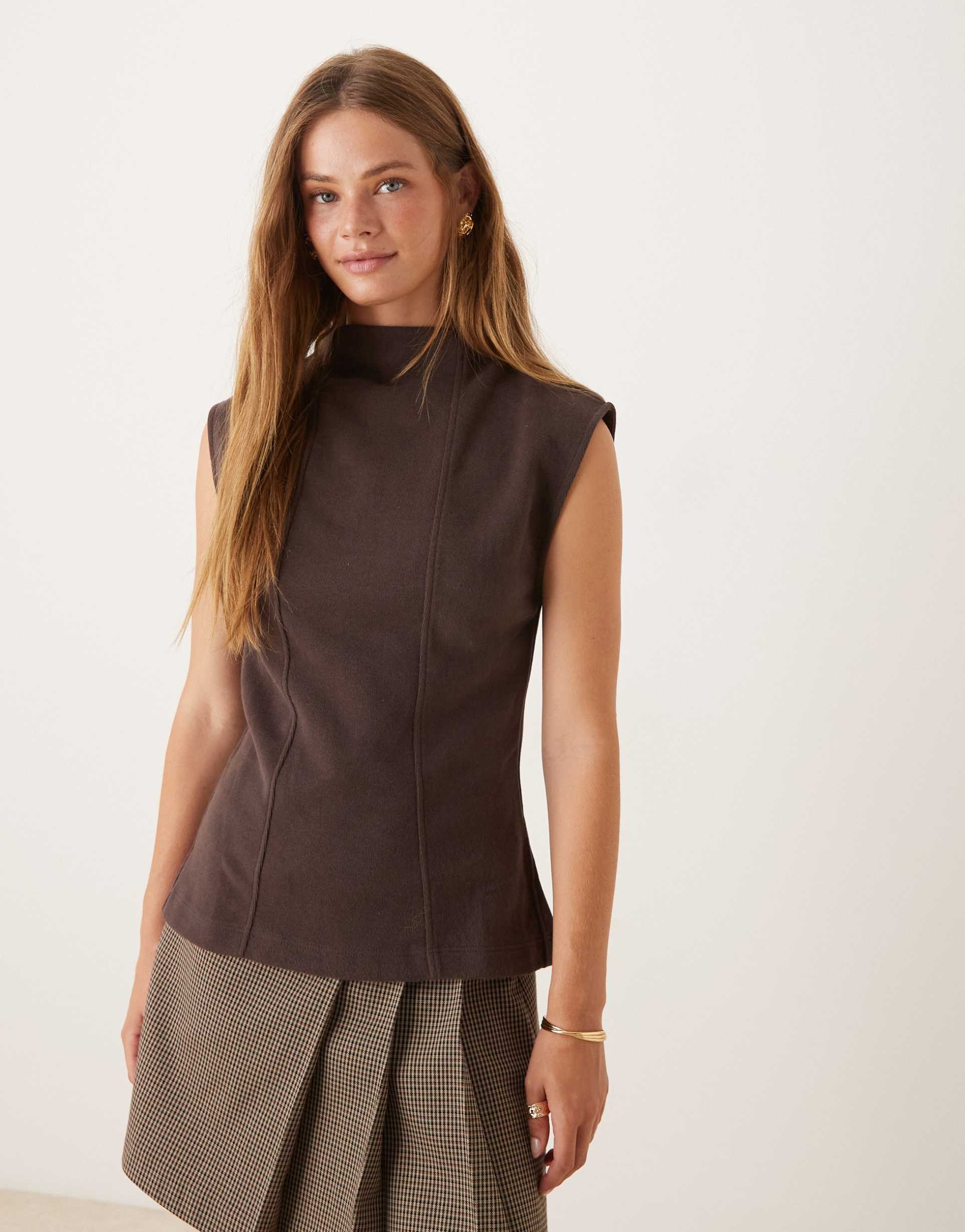 asos design supersoft boat neck peplum seam detail tank top in chocolate