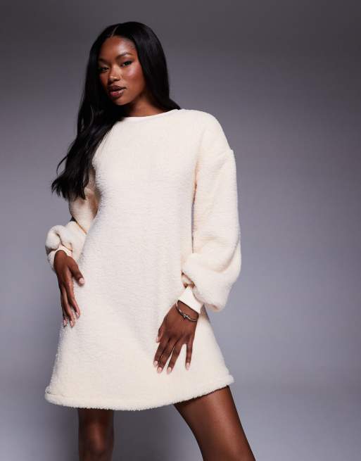 ASOS DESIGN supersoft borg long sleeve mini dress in cream, 4 of 4