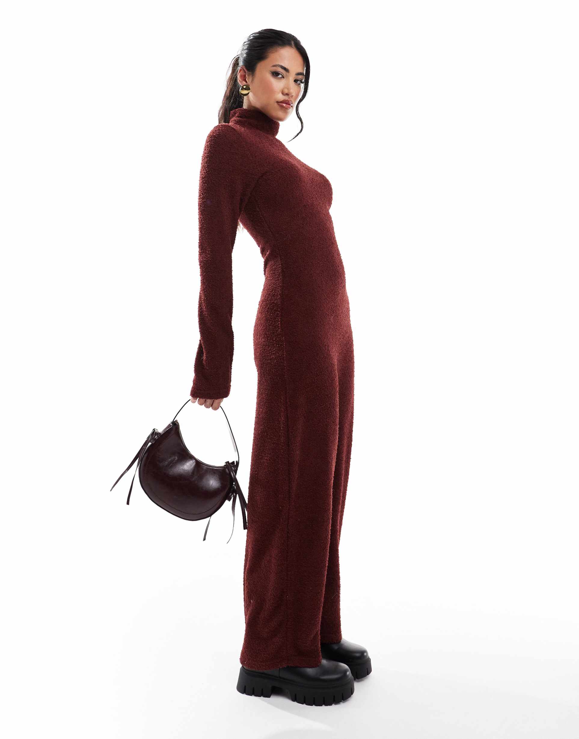 asos design supersoft boucle roll neck maxi dress in burgundy