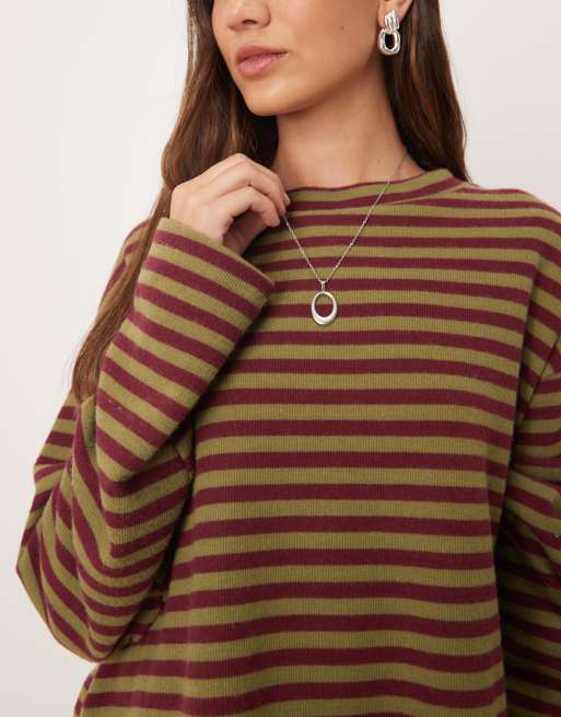 ASOS DESIGN Supersoft boxy crop shirt in burgundy and khaki stripe, 2 of 4