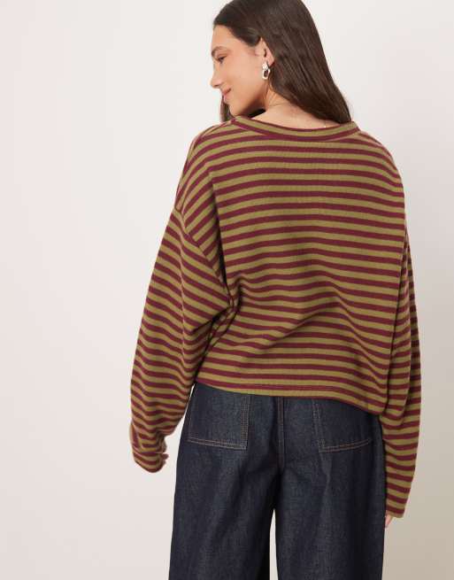 ASOS DESIGN Supersoft boxy crop shirt in burgundy and khaki stripe, 4 of 4