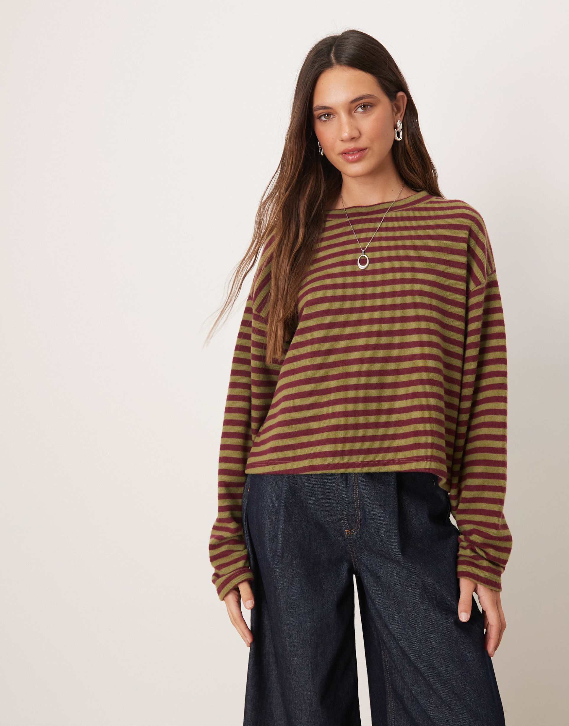 asos design supersoft boxy cropped t-shirt in burgundy and khaki stripe