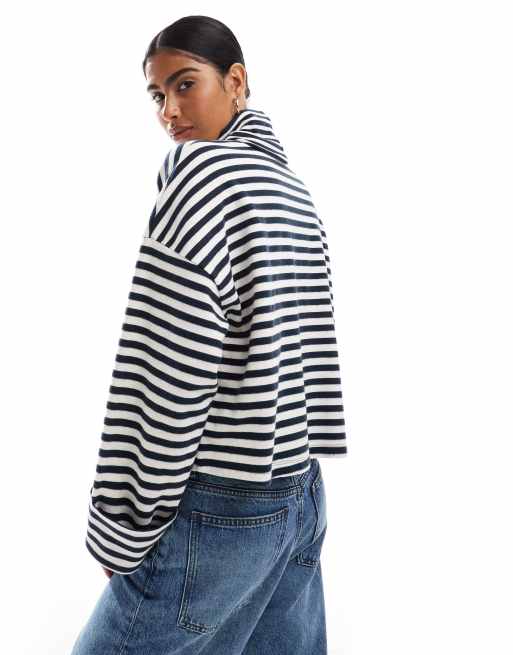 ASOS DESIGN supersoft boxy roll neck in navy and cream stripe - MULTI, 4 of 4