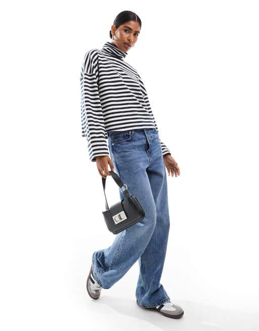 ASOS DESIGN supersoft boxy roll neck jumper in navy and cream stripe, 2 of 4