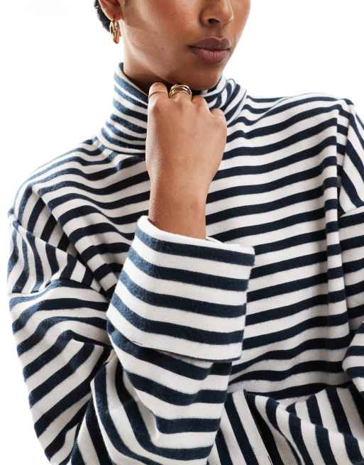 ASOS DESIGN supersoft boxy roll neck jumper in navy and cream stripe, 3 of 4