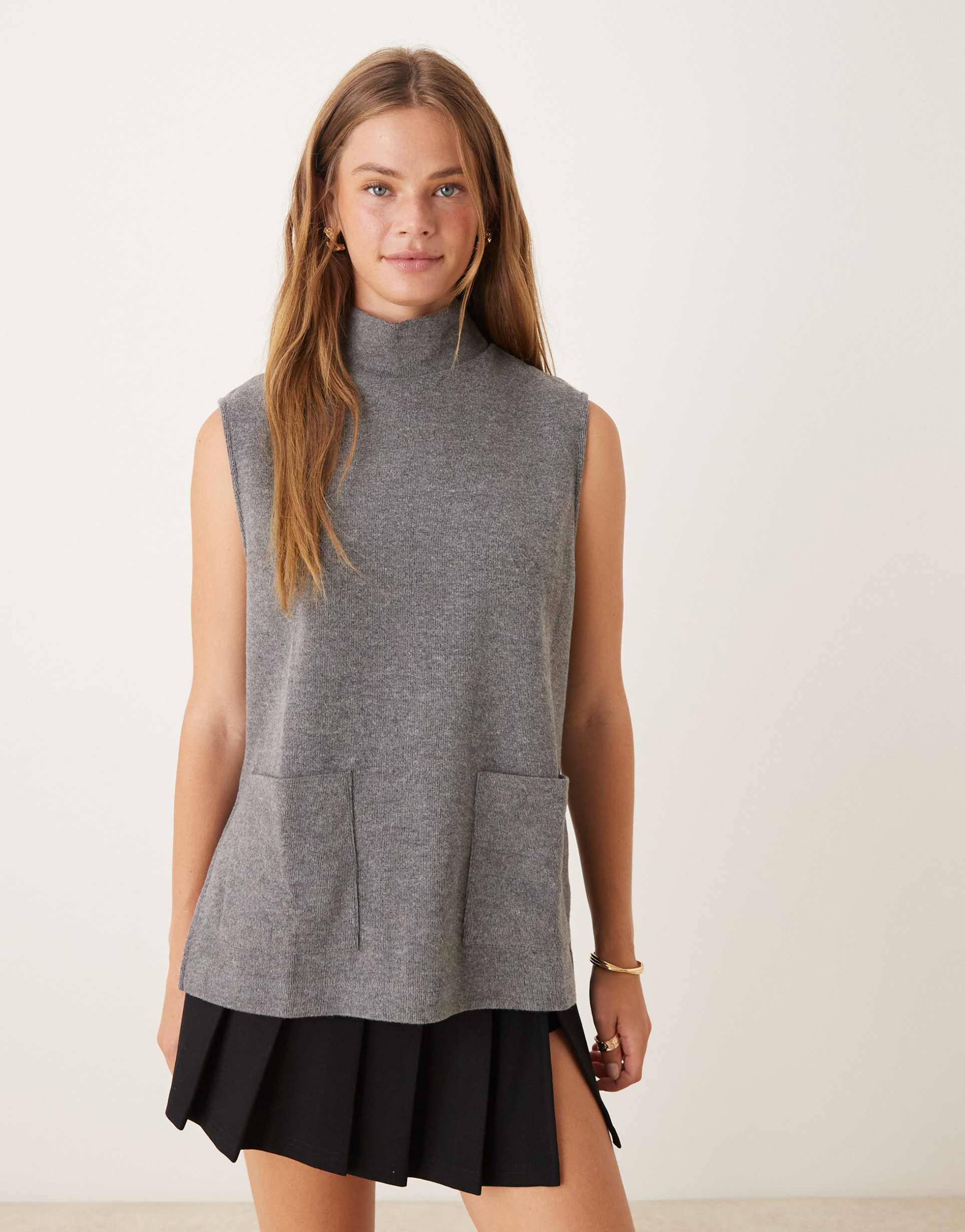 asos design supersoft boxy tank top with high neck in heathered charcoal