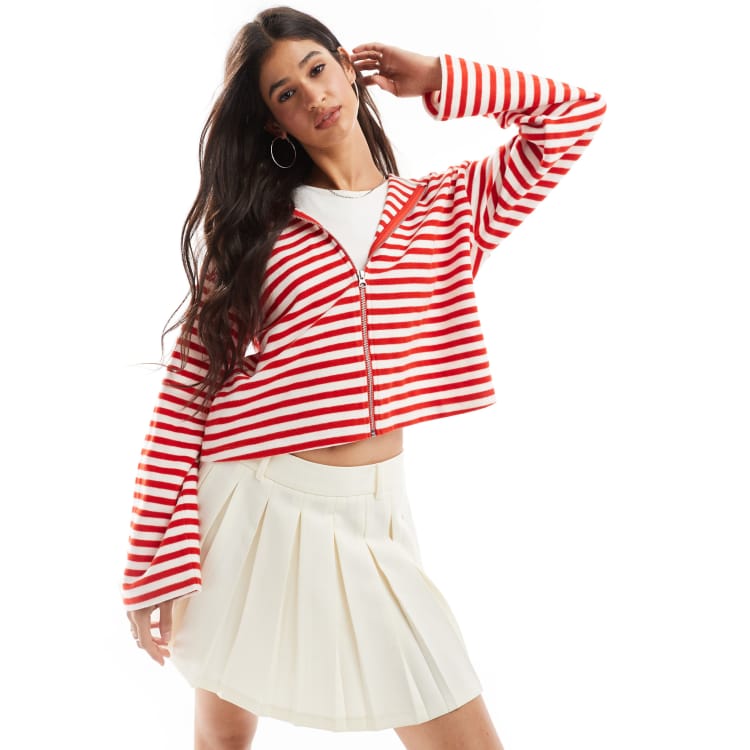 ASOS DESIGN supersoft boxy zip through hoodie in red and white stripe ASOS