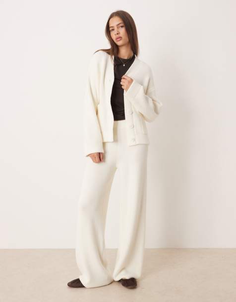 ASOS DESIGN supersoft boyfriend cardigan & wide leg trouser co-ord in cream - view 1