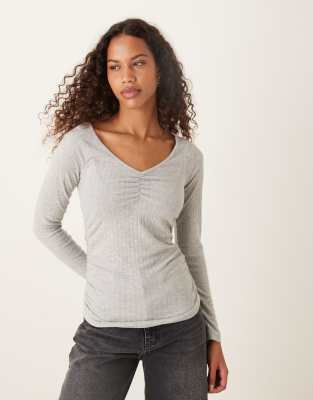 Asos Design Supersoft Brush Rib V Neck Long Sleeve In Gray