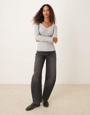 Asos Design Supersoft Brush Rib V Neck Long Sleeve In Gray