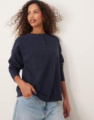 supersoft brushed oversized henley top in navy