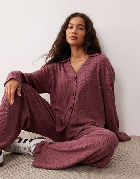 ASOS DESIGN supersoft brushed rib button down cardigan in burgundy - view 1