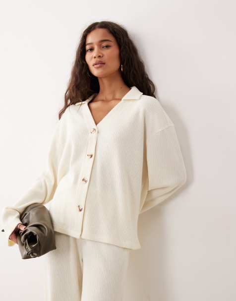 ASOS DESIGN supersoft brushed rib button down cardigan in winter white - view 1