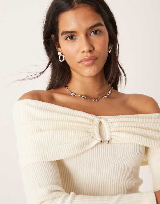ASOS DESIGN Supersoft brushed rib hardware detail off shoulder sweater, 2 of 4