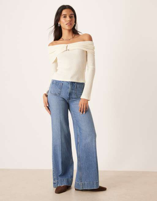 ASOS DESIGN Supersoft brushed rib hardware detail off shoulder sweater, 3 of 4
