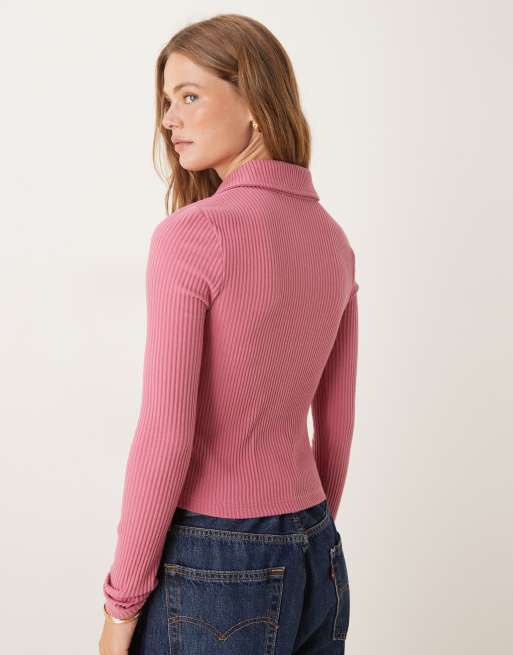 ASOS DESIGN Supersoft brushed rib knit collared shrunken cardigan in light pink
