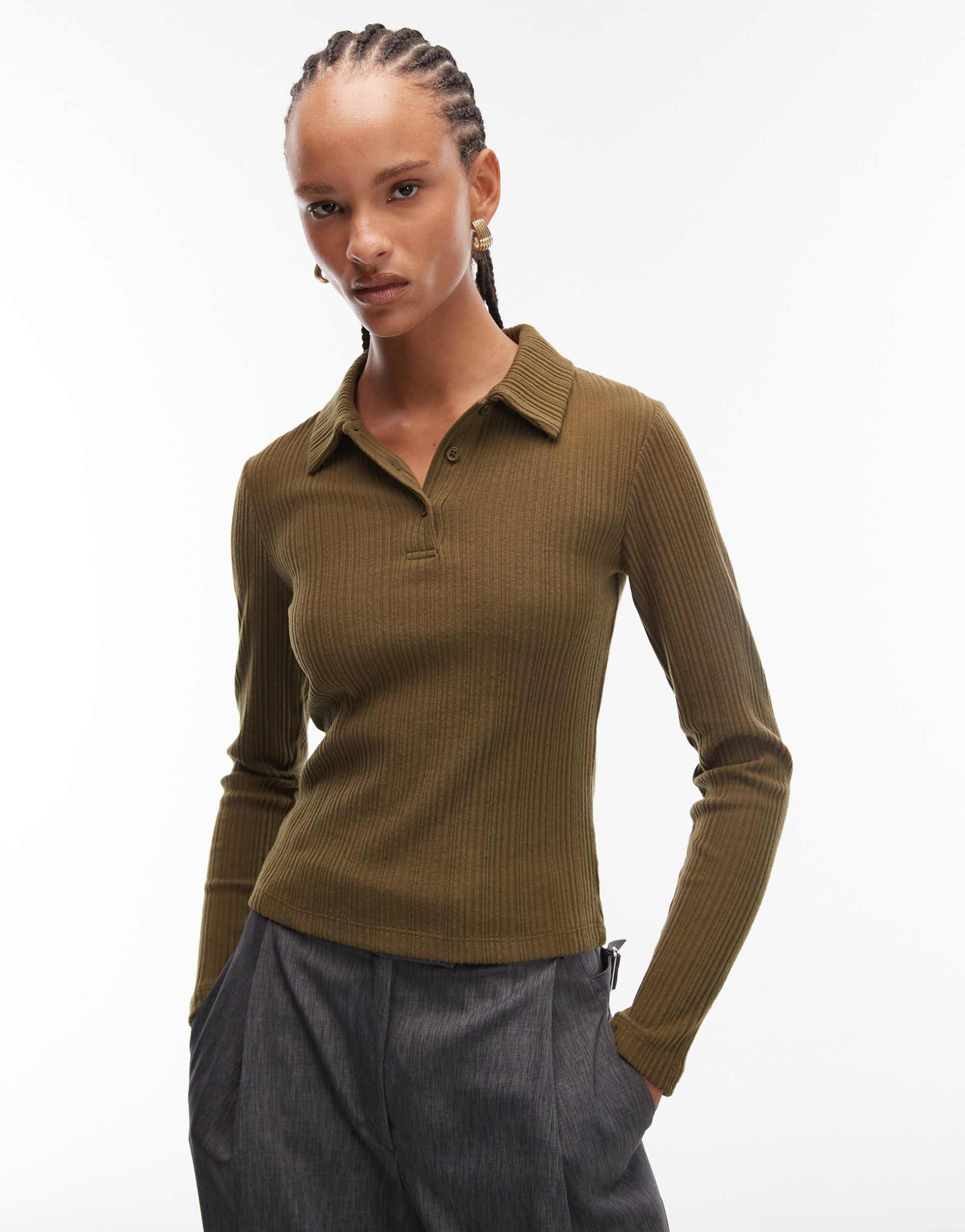 asos design supersoft brushed rib knit long sleeve polo shirt in khaki green