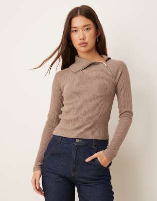 Asos Design Supersoft Brushed Rib Knit Long Sleeve Top With Zip Detail-brown