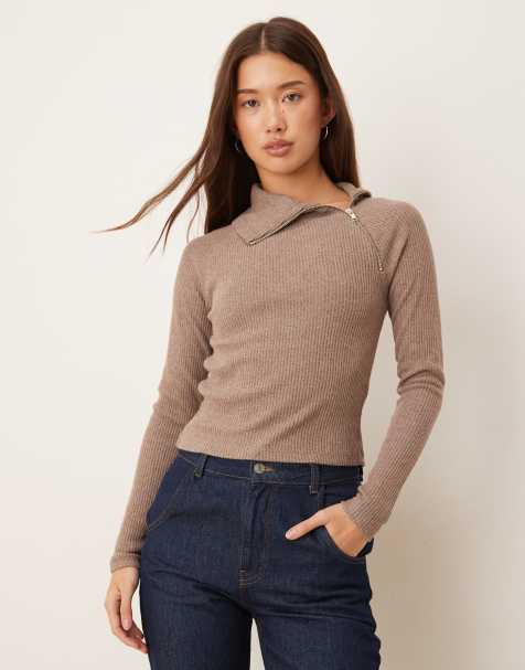 ASOS DESIGN supersoft brushed rib knit long sleeve top with zip detail - view 1