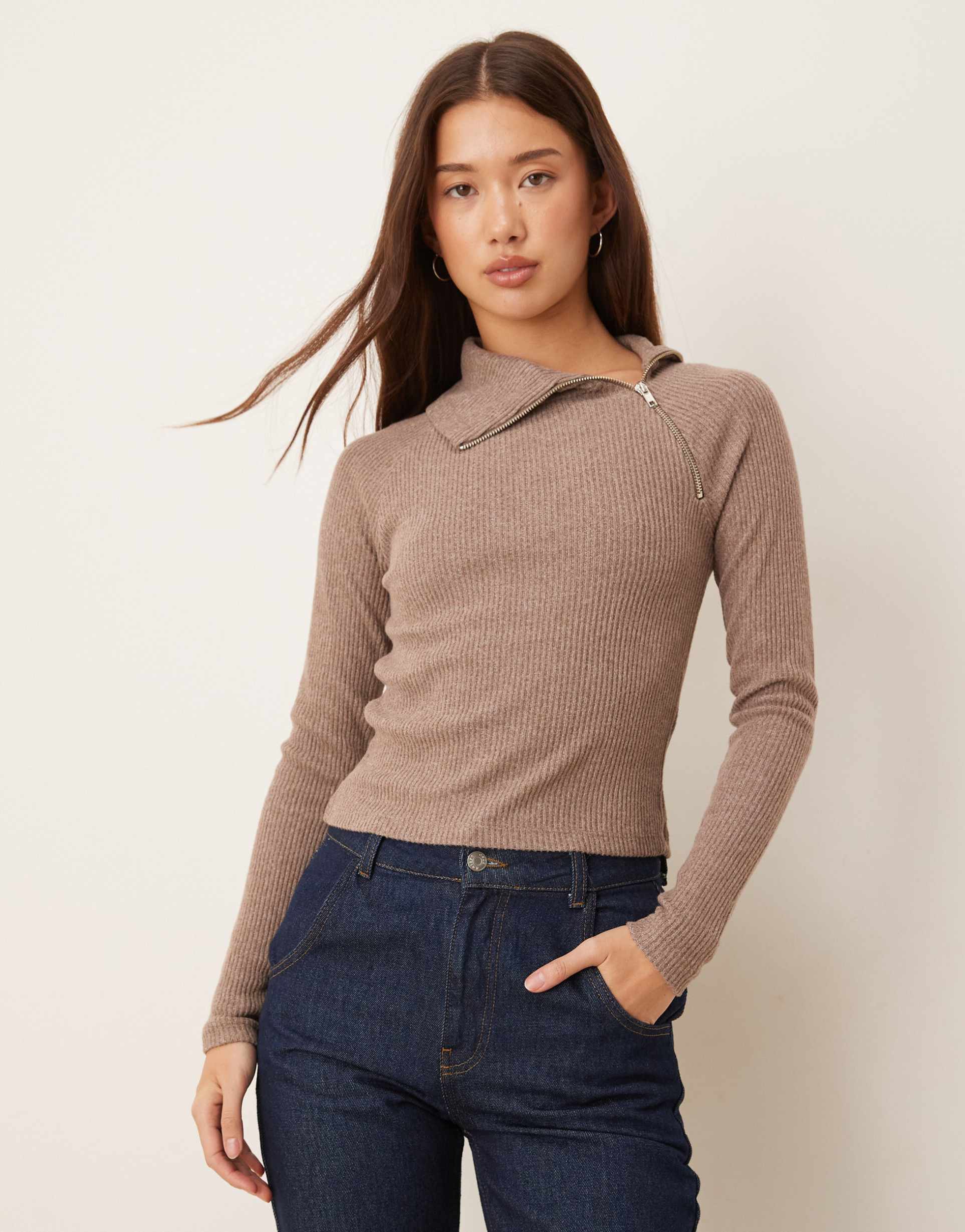 asos design supersoft brushed rib knit long sleeve top with zip detail