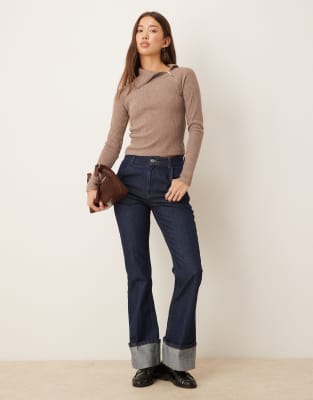 Asos Design Supersoft Brushed Rib Knit Long Sleeve Top With Zip Detail-brown In Brown