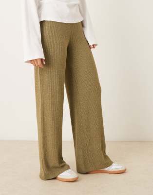 Asos Design Supersoft Brushed Rib Knit Wide Leg Pants In Green