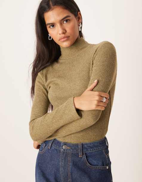 ASOS DESIGN Supersoft brushed rib long sleeve roll neck top in dark olive - KHAKI - view 1
