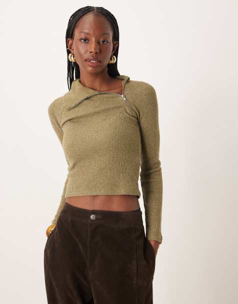 ASOS DESIGN supersoft brushed rib long sleeve top with zip detail in khaki - view 1