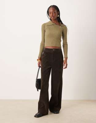 Asos Design Supersoft Brushed Rib Long Sleeve Top With Zip Detail In Multi