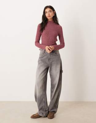 Asos Design Supersoft Brushed Rib Long Sleeve Turtleneck Top In Purple