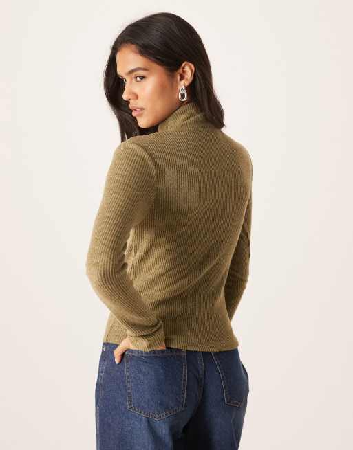 ASOS DESIGN Supersoft brushed rib long sleeve turtleneck top in dark olive, 4 of 4