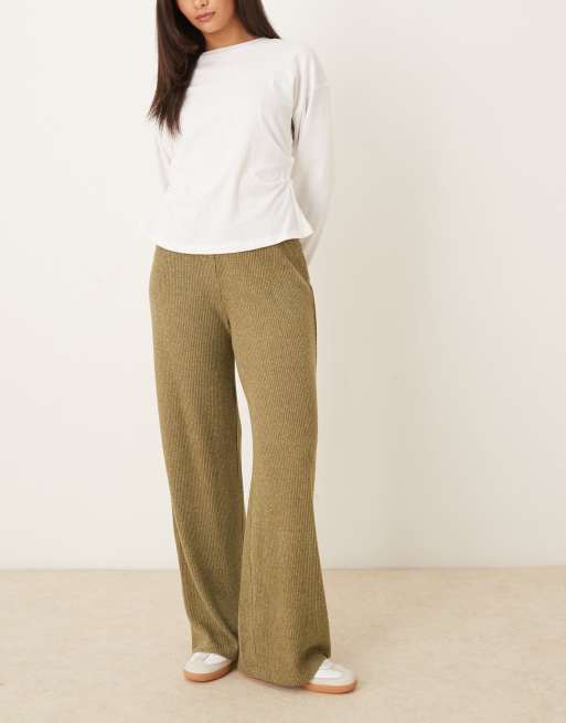 ASOS DESIGN Supersoft brushed rib wide leg co-ord in dark olive