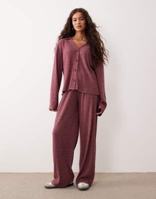 ASOS DESIGN Supersoft brushed rib wide leg pants in burgundy - part of a set-Red