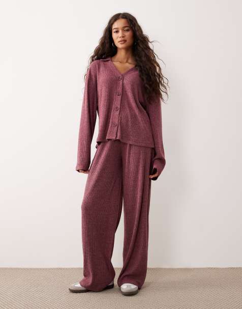 ASOS DESIGN supersoft brushed rib wide leg pants in burgundy (part of a set) - view 1