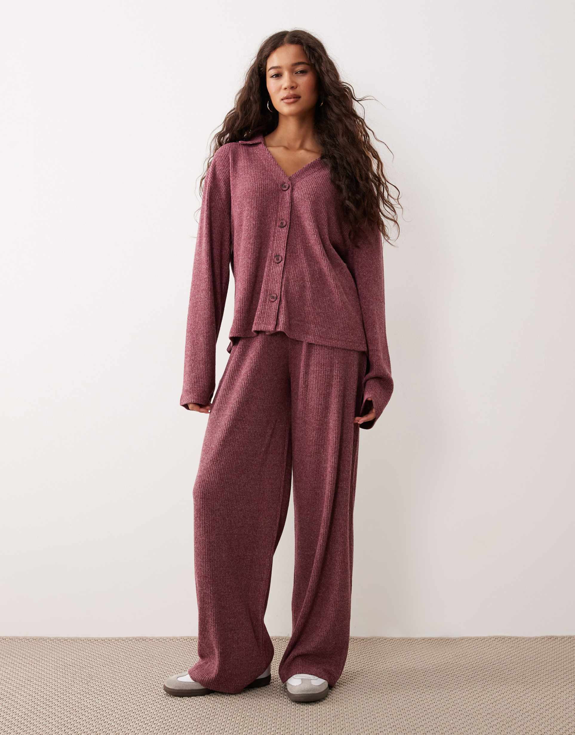 asos design supersoft brushed rib wide leg pants in burgundy - part of a set