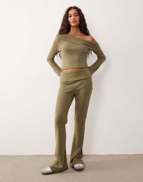 ASOS DESIGN Supersoft brushed rib wide leg pants in khaki - part of a set - view 1