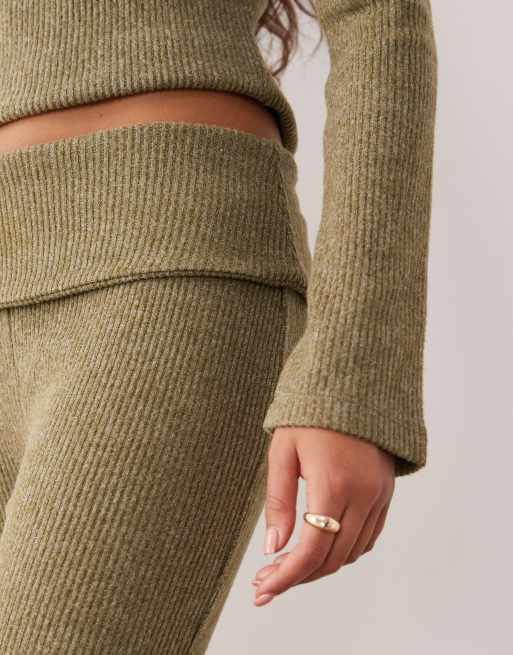 ASOS DESIGN Supersoft brushed rib wide leg pants in khaki - part of a set, 3 of 5