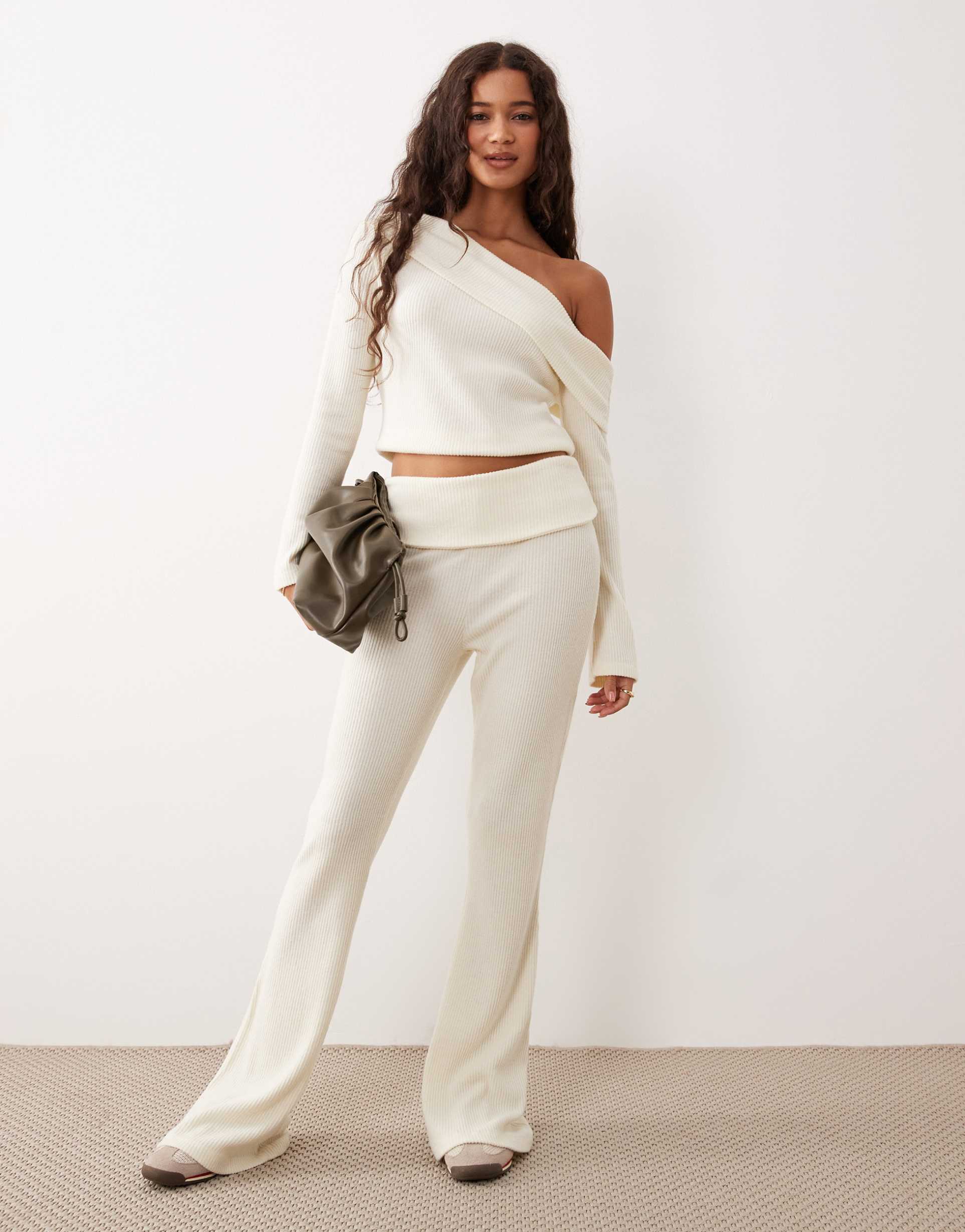 asos design supersoft brushed rib wide leg pants in white - part of a set